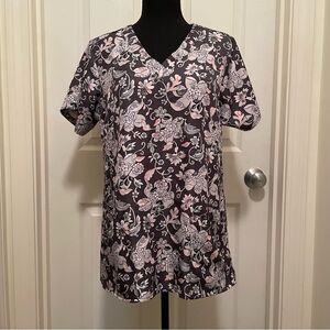 Women's‎ Size Medium Gray Scrub Top with Floral Print